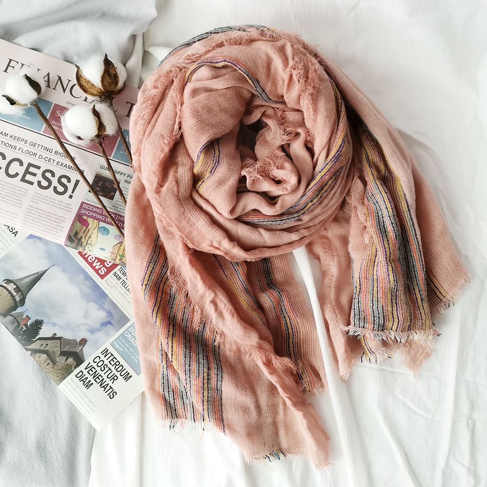Japanese Literary Style Cotton And Linen Scarf Spring And Autumn Double Colored Striped Fringe Scarf Easy To Wear Women's Shawls Application Scenario