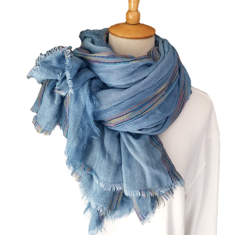 Japanese Literary Style Cotton And Linen Scarf Spring And Autumn Double Colored Striped Fringe Scarf Easy To Wear Women's Shawls details Picture