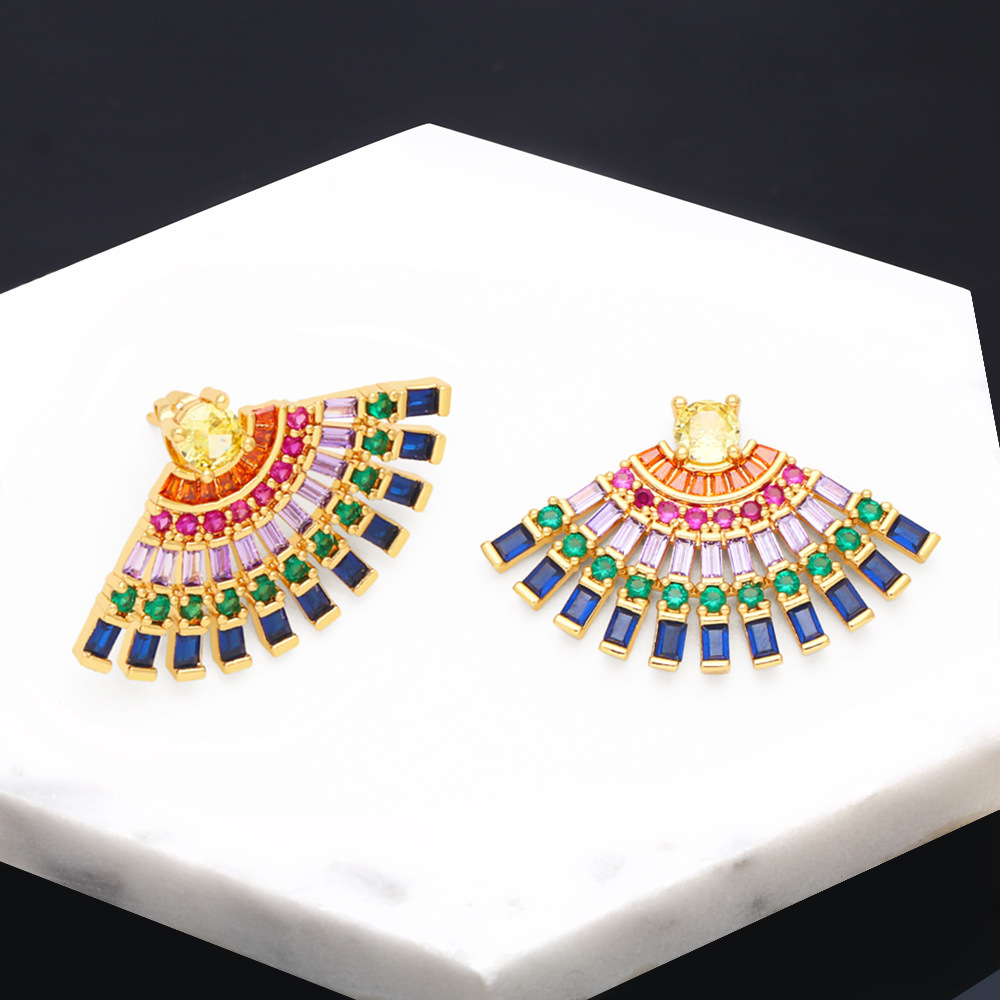 2022 new micro-inset color zircon fan ear stud earrings fashion personality ins trendy ear accessories