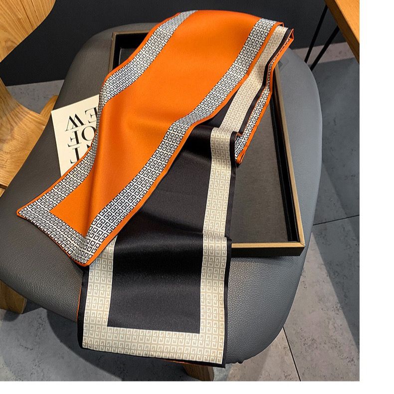 Spring And Autumn Long Small Silk Scarf Decoration With Korean Narrow Ribbon Spring Style Scarf Scarf Women Thin Orange Silk Scarf Edge Printing Item Picture