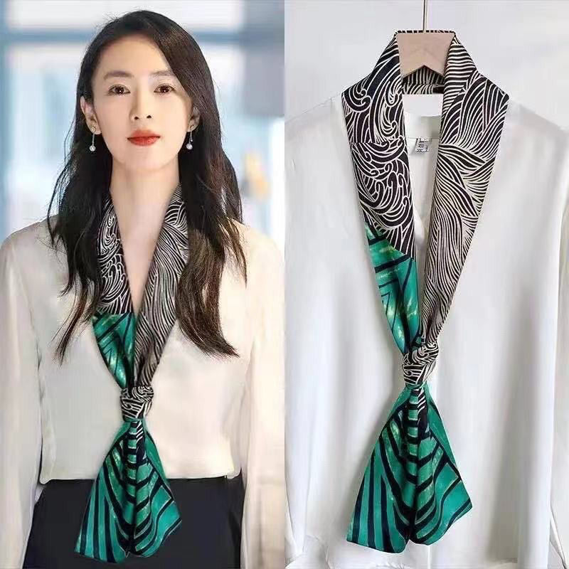 Spring And Autumn Long Small Silk Scarf Decoration With South Korea Narrow Ribbon Spring Style Scarf Scarf Female Thin Yao Chen With Ling Type Lattice Application Scenario