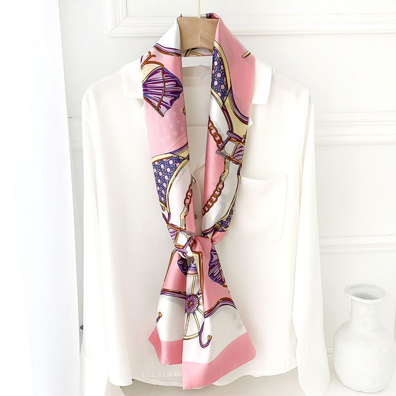 Spring And Autumn Long Small Silk Scarf Decoration With Korean Narrow Ribbon Spring Style Scarf Scarf Women Thin Totem Print Specification drawing