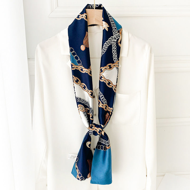 Spring And Autumn Long Small Silk Scarf Decoration With Korean Narrow Ribbon Spring Style Scarf Scarf Women Thin Totem Print details Picture
