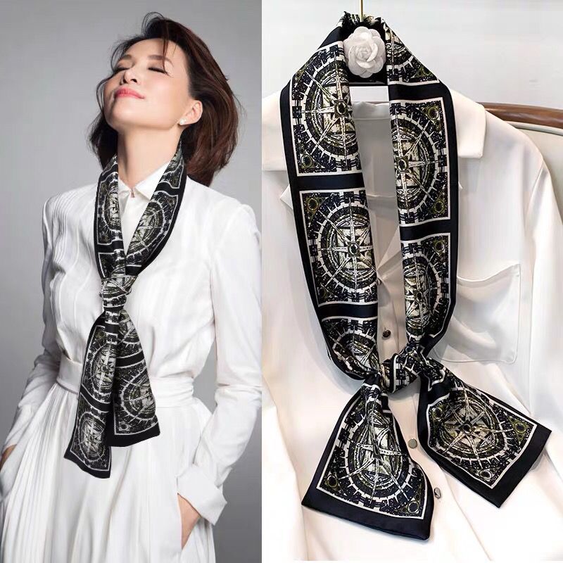 Spring And Autumn Long Small Silk Scarf Decoration With South Korea Thin Narrow Ribbon Spring Style Scarf Scarf Female Thin Thick And Thin Check Dark Item Picture
