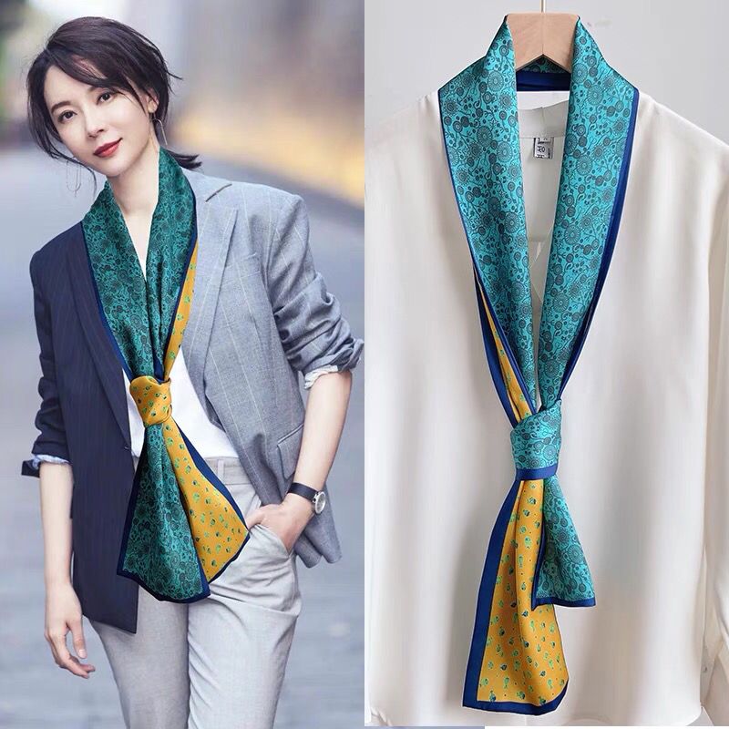 Spring And Autumn Long Small Silk Scarf Decoration With South Korea Narrow Ribbon Spring Style Scarf Scarf Female Thin Dong Qing With Blue Print Application Scenario