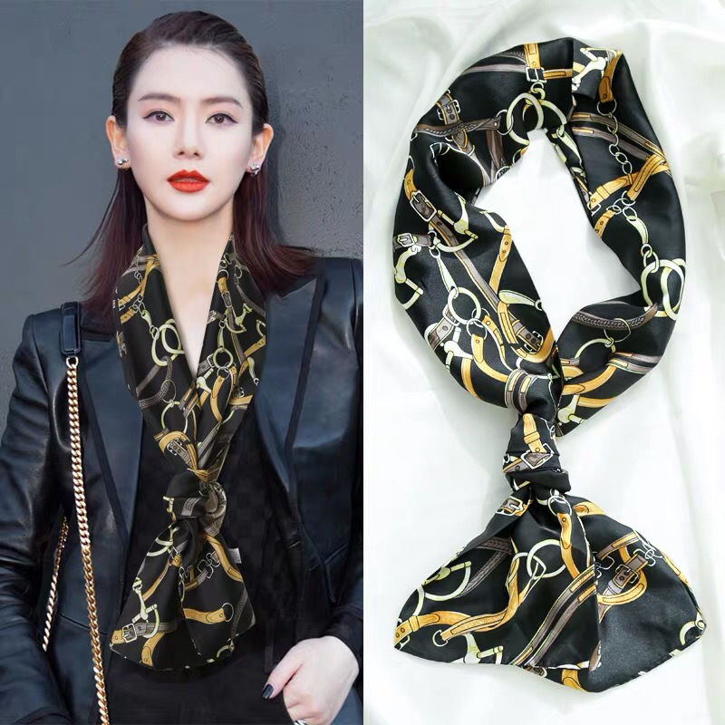 Spring And Autumn Long Small Silk Scarf Decoration With South Korea Thin Narrow Ribbon Spring Style Scarf Scarf Female Thin Thick And Thin Check Dark Application Scenario