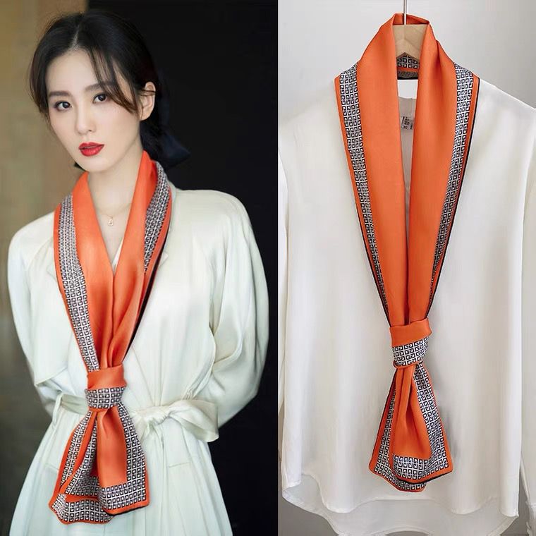 Spring And Autumn Long Small Silk Scarf Decoration With Korean Narrow Ribbon Spring Style Scarf Scarf Women Thin Orange Silk Scarf Edge Printing Specification drawing