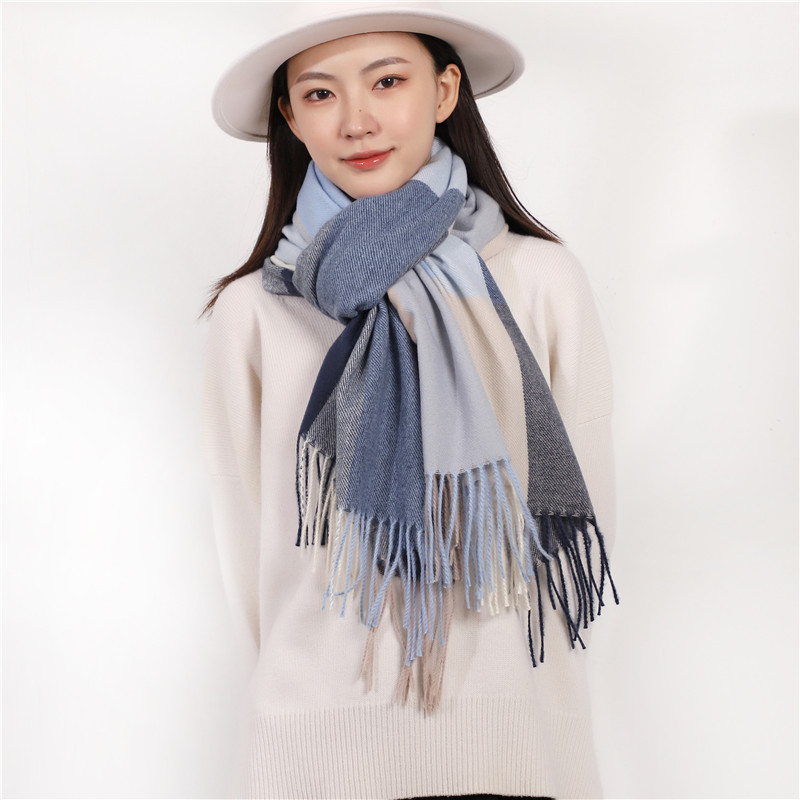 2022 Korean version of fake cashmere scarf autumn and winter British plaid bib female fringe warm scarf thickened and lengthened bib against color plaid bib thumbnail