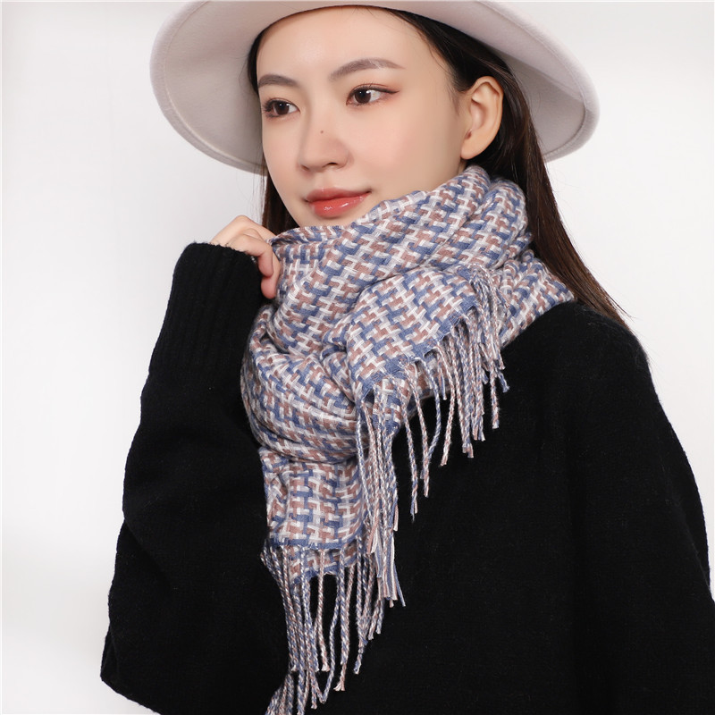Korean version of fashion autumn and winter scarf thousand bird check imitation cashmere scarf winter warm thick plaid shawl fringe scarf thumbnail