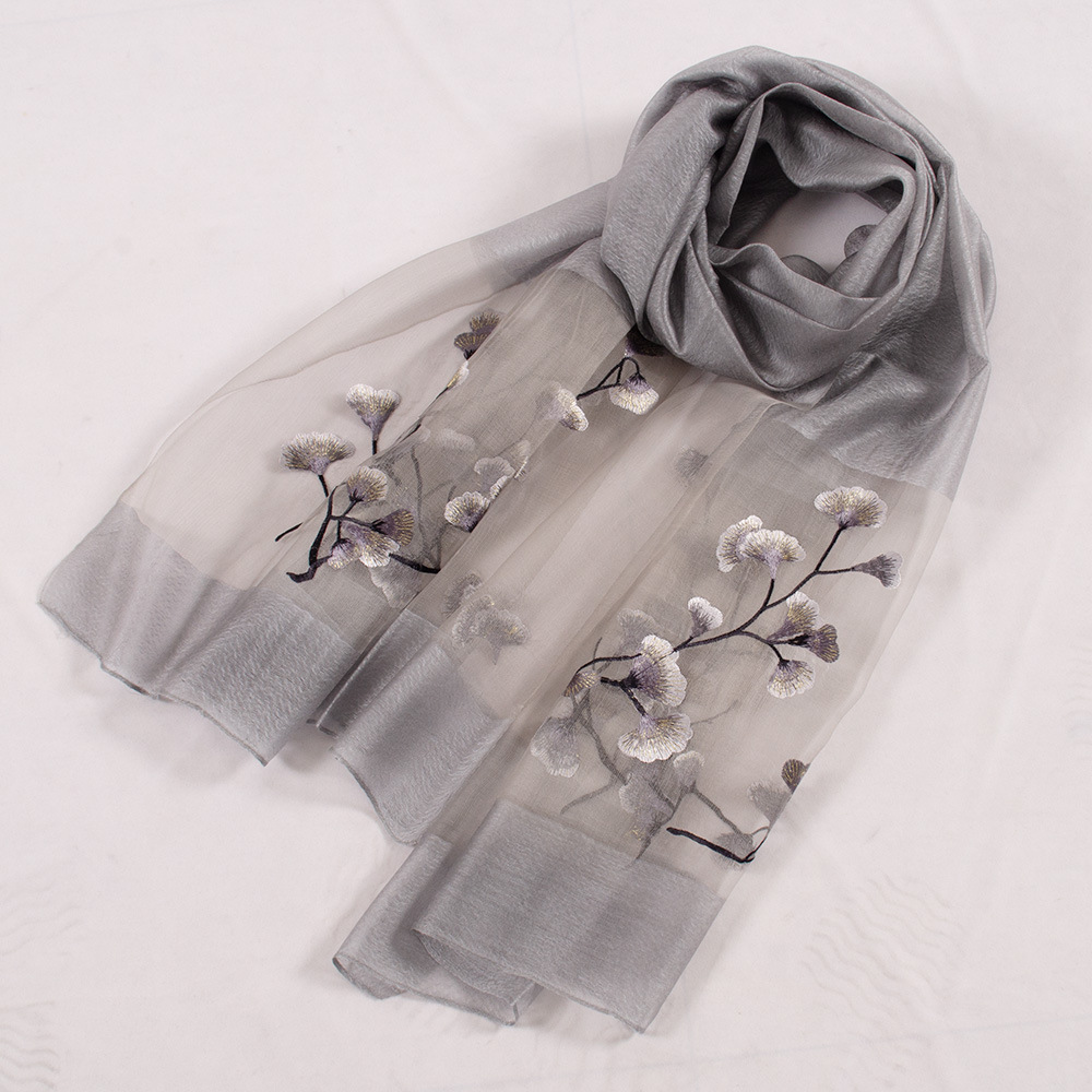 Spring and autumn thin silk scarf Gingko embroidered sunscreen cape fashion temperament clothing decorative scarf 190*80cm/80g thumbnail