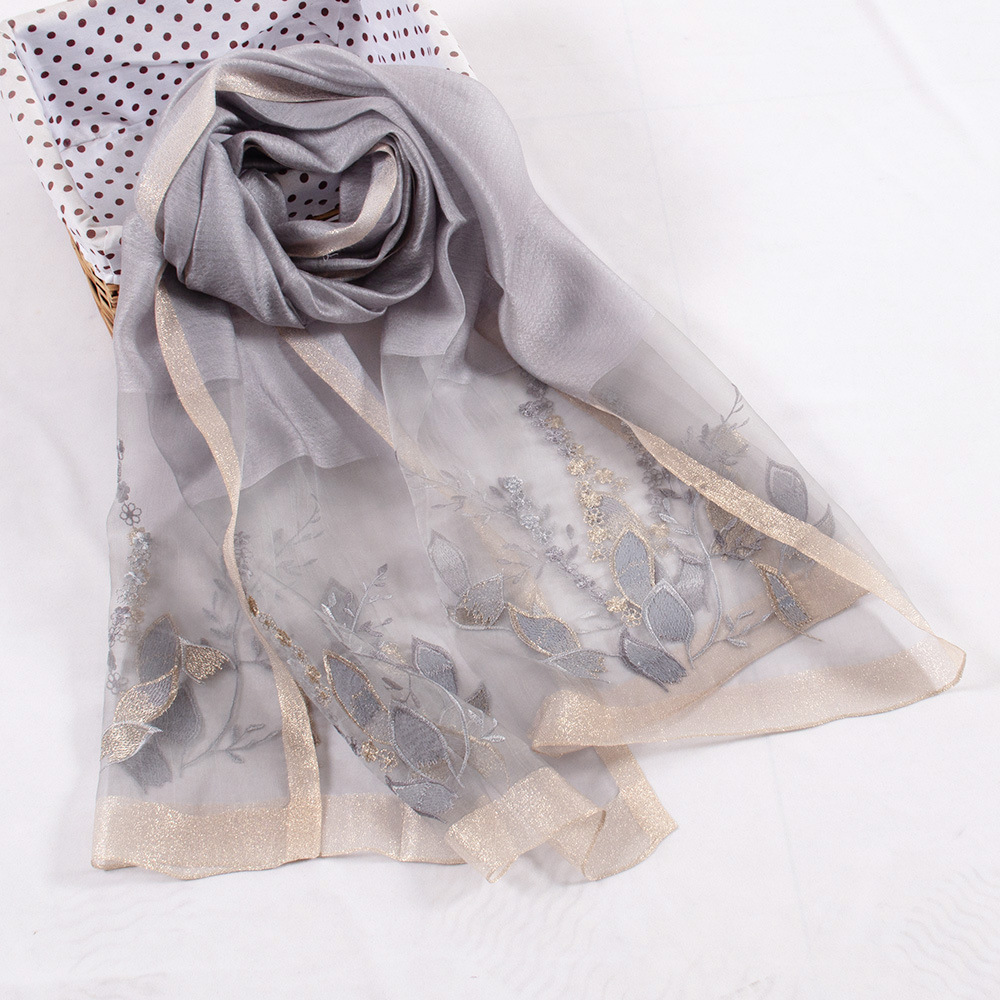 Flower embroidery silk scarf Spring and autumn thin mulberry silk scarf temperament easy to decorate sunscreen cape 190*80cm/80g thumbnail