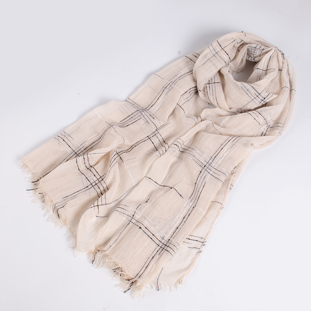 Korean edition Spring and Autumn thin cotton and linen scarf fashion checkered fringe cape simple students' sunscreen scarf 185*85cm/ 125G thumbnail