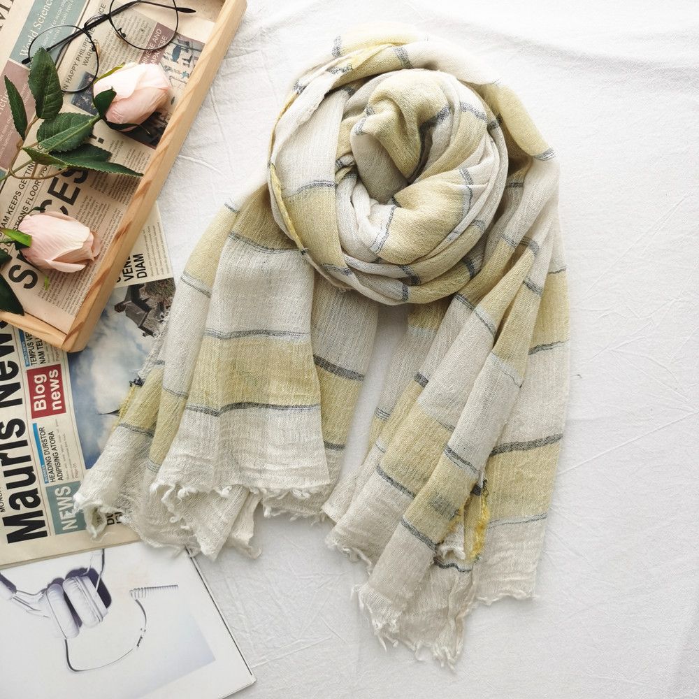 Artistic style striped cotton and linen scarf Spring and autumn thin fringe cape fashion decoration women's scarf 200*90cm/130g thumbnail