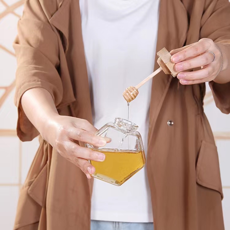 Six-sided glass bottle sealed jar with lid food grade fresher jar honey jar jam jar with stirring stick