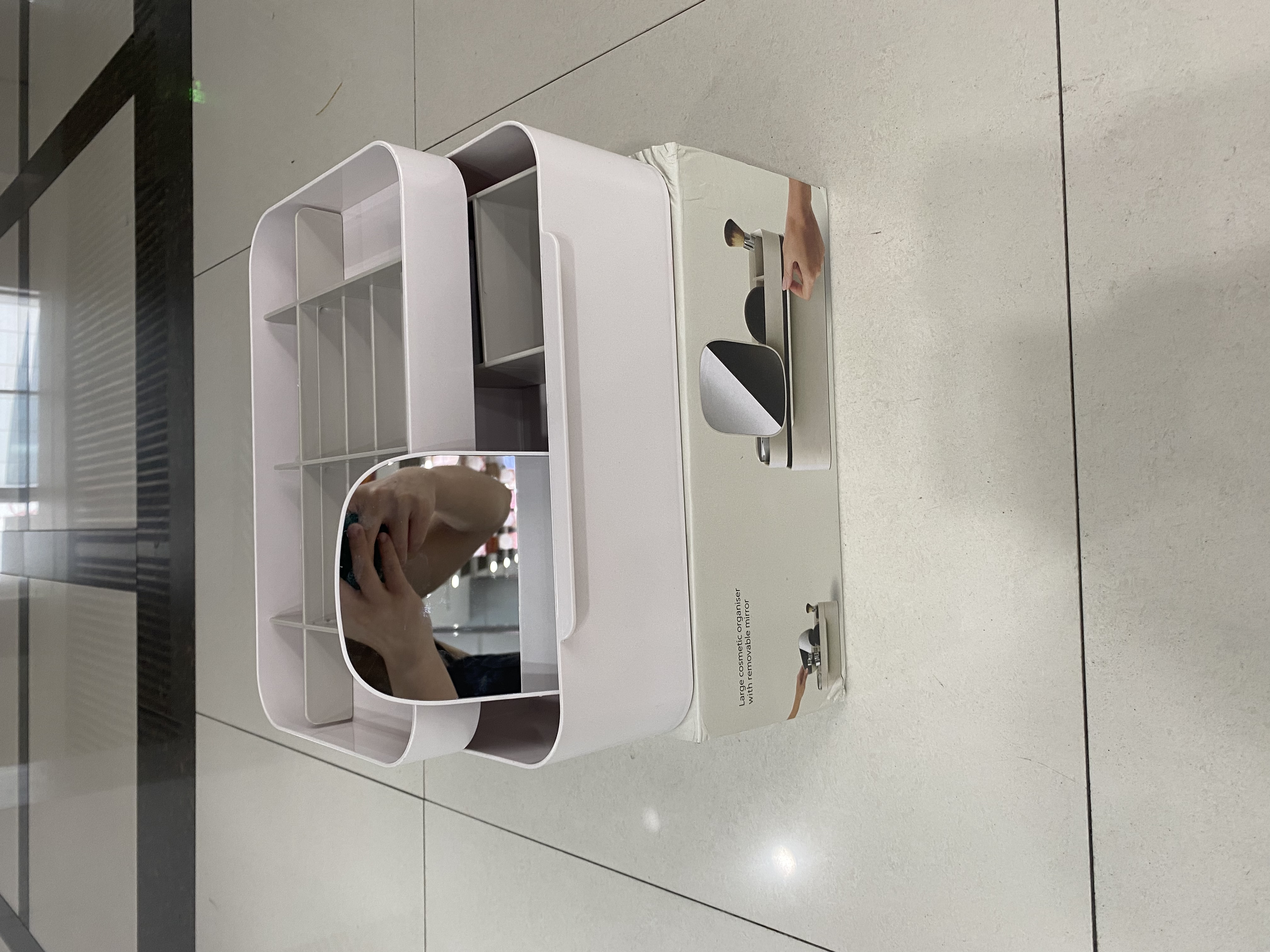 Makeup mirror organizer box with mirror