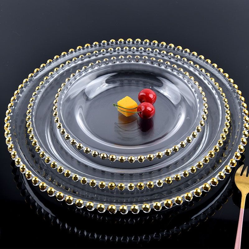 European gold bead point glass plate Western plate steak plate household tableware set banquet dessert senior sense plate