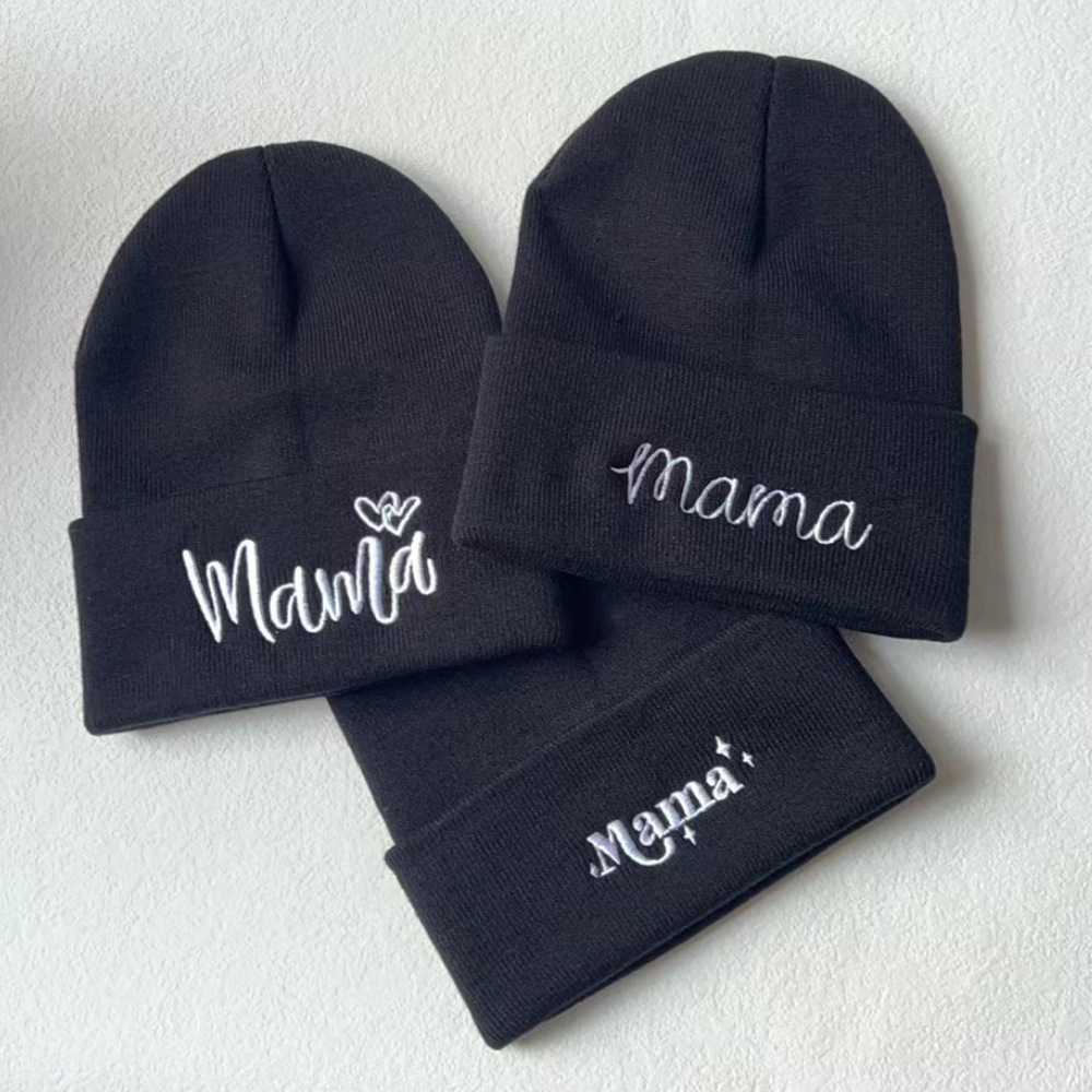 2022 foreign trade new embroidery letters MAMA solid-color wool hat women's outdoor skiing warm jumper knitted hat