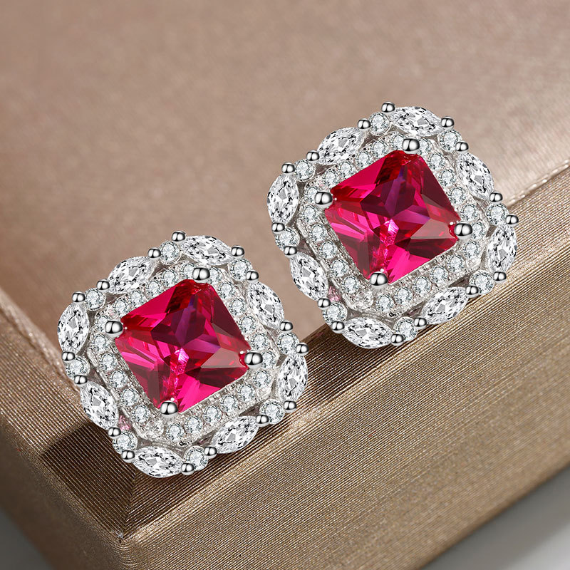 Earrings for women Color treasure European and American temperament earrings for women set with artificial pigeon blood gemstone square 6*6 earrings