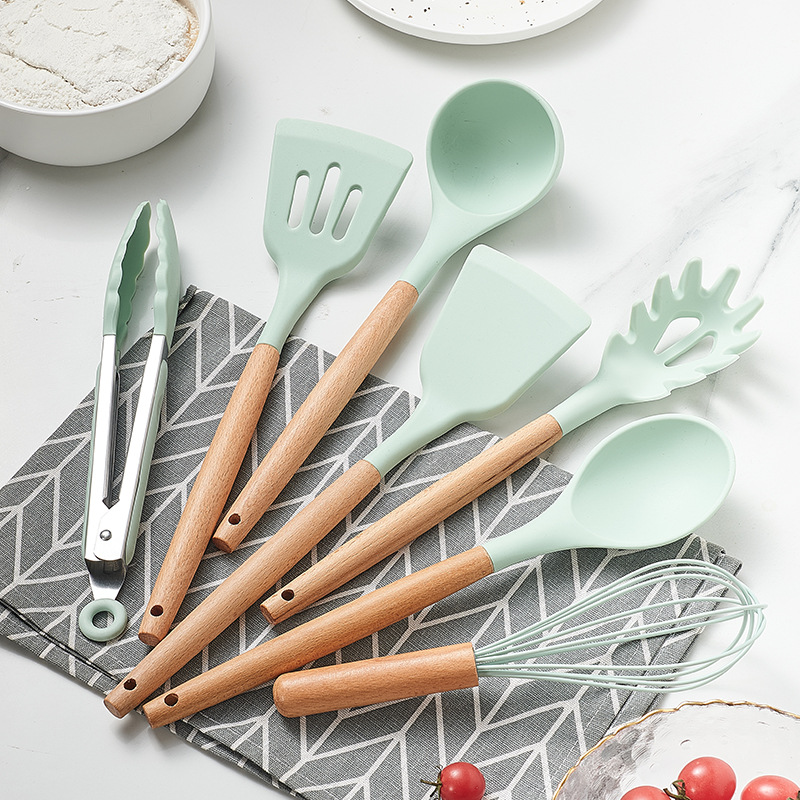 Silicone shovel Non-stick Wok special spatula Household Stir-frying spatula Wooden handle Colander soup spoon kitchenware 12-piece set thumbnail