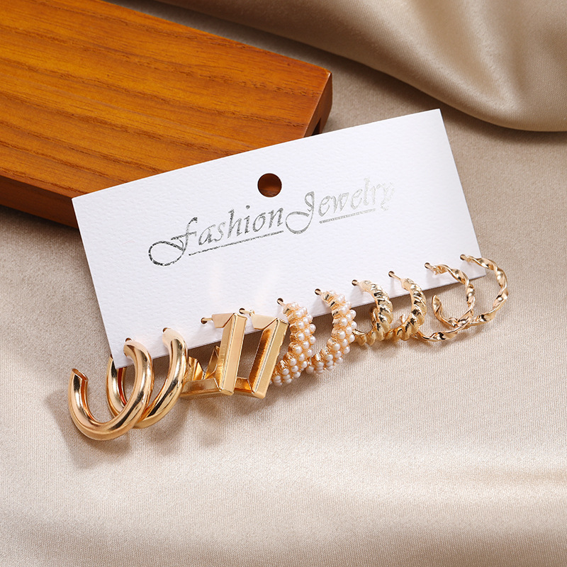 Cross-border hot C-type earrings wholesale creative simple metal hoop earrings set 5 sets of retro pearl earrings