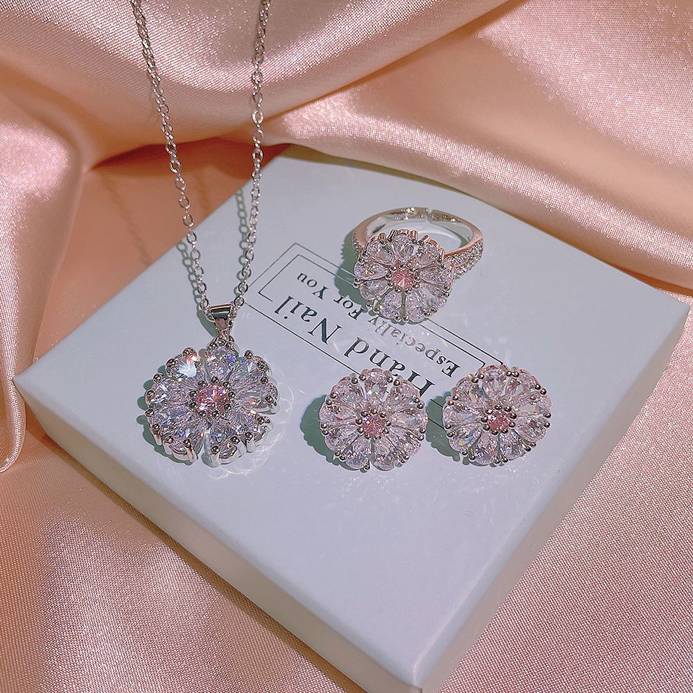 Live source European and American zircon set wedding jewelry earrings necklace ring three sets