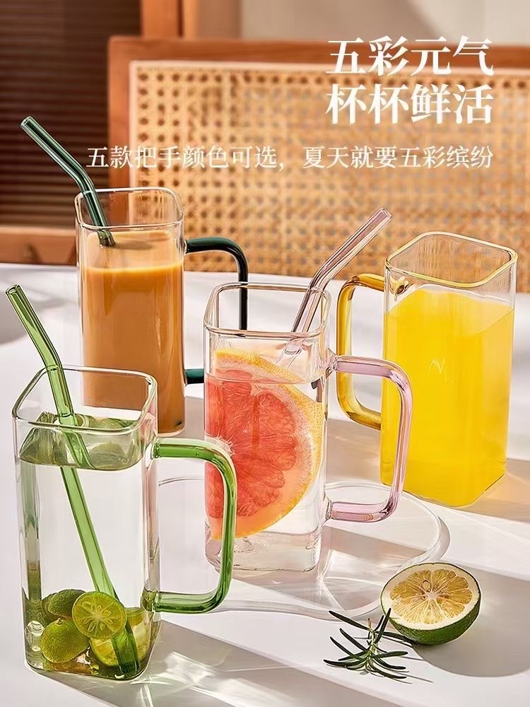 Gopeng 350ML square handle cup + glass straw (mixed color) MJ-GB-81/L4