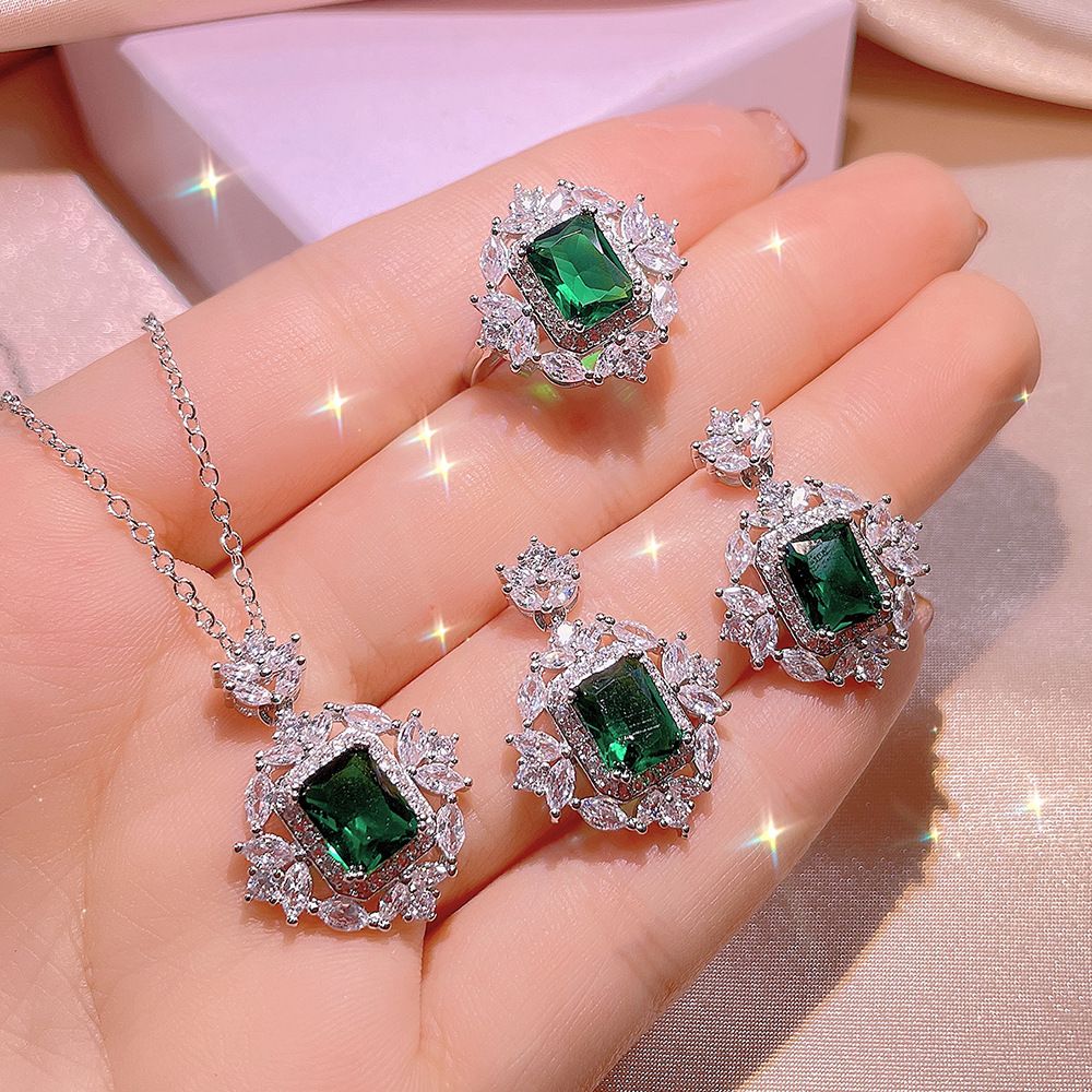 Foreign trade color treasure necklace female simulation emerald pendant emerald ring three-piece jewelry set