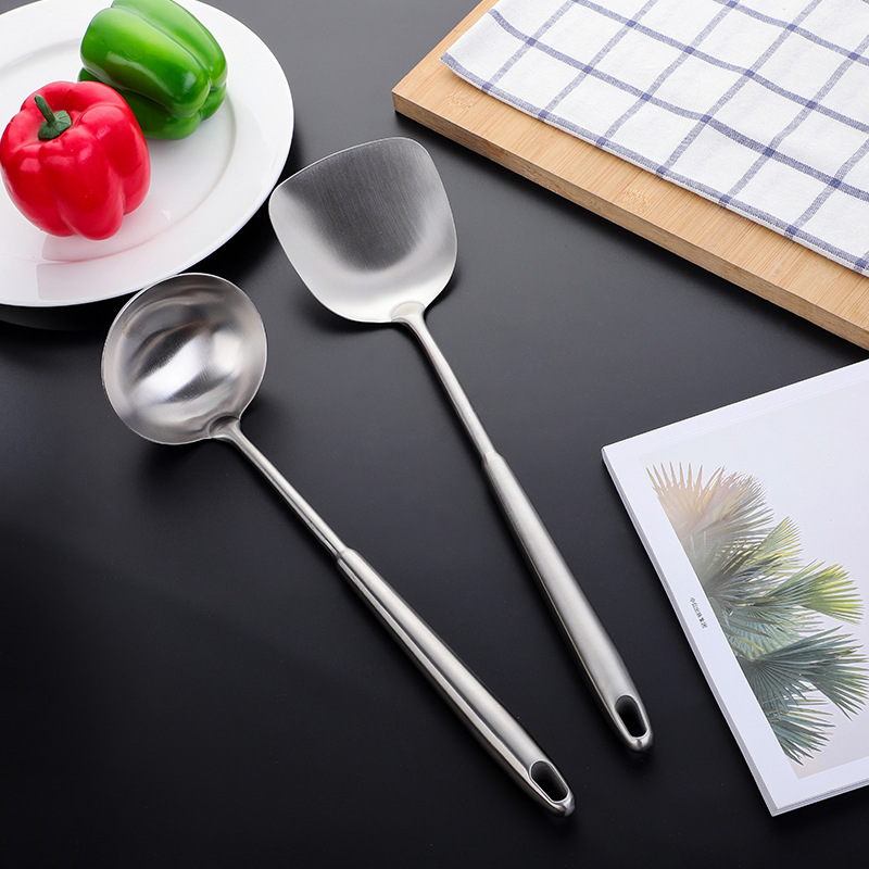 201 Stainless Steel Cooking Kitchenware Spatula Spoon Set Stir-frying Spatula Gourd hollow handle soup spoon Colander frying thumbnail