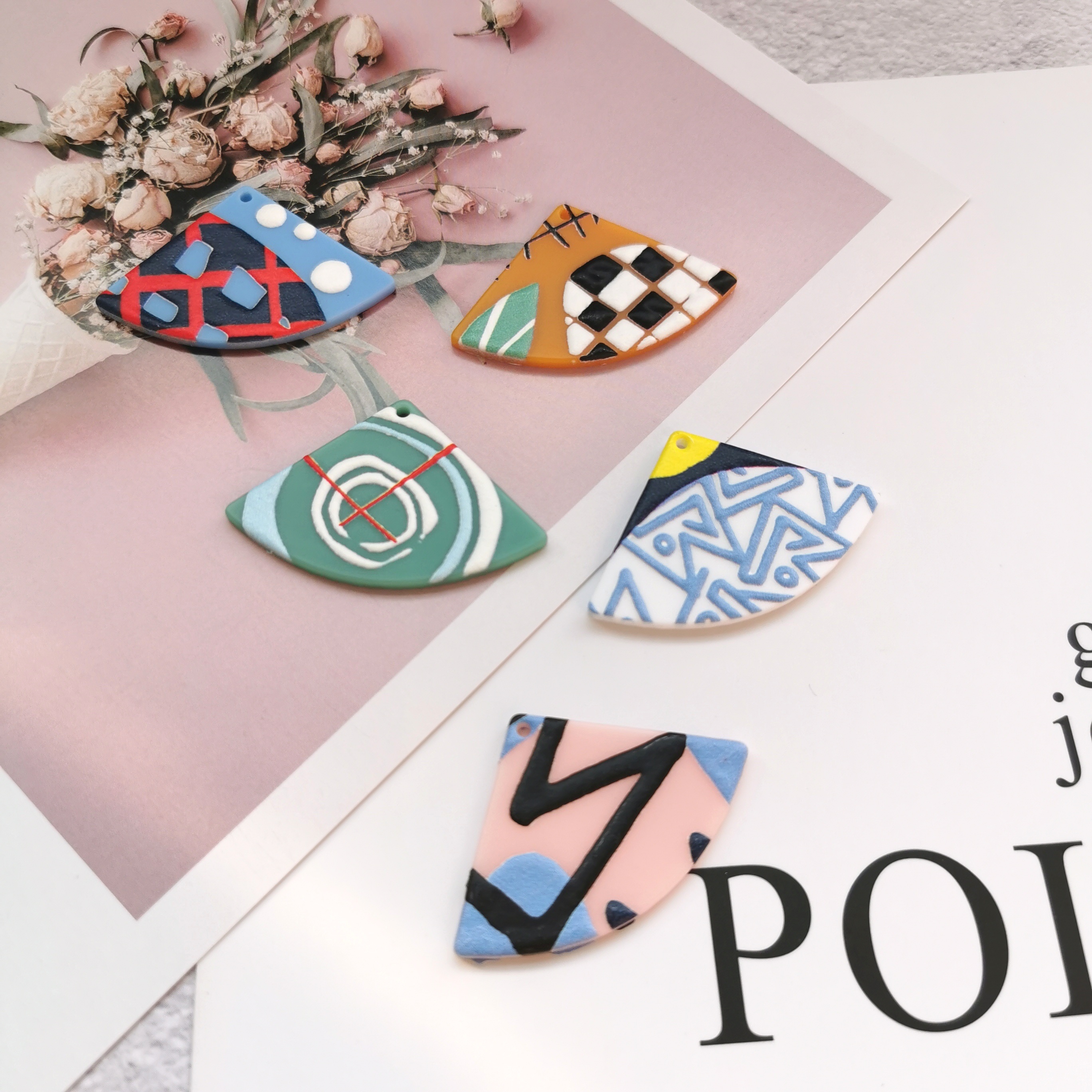 Ins Wind Fan-Shaped Geometric Color Contrast Relief Printing 3D Printing Acrylic Earrings Pendant details Picture