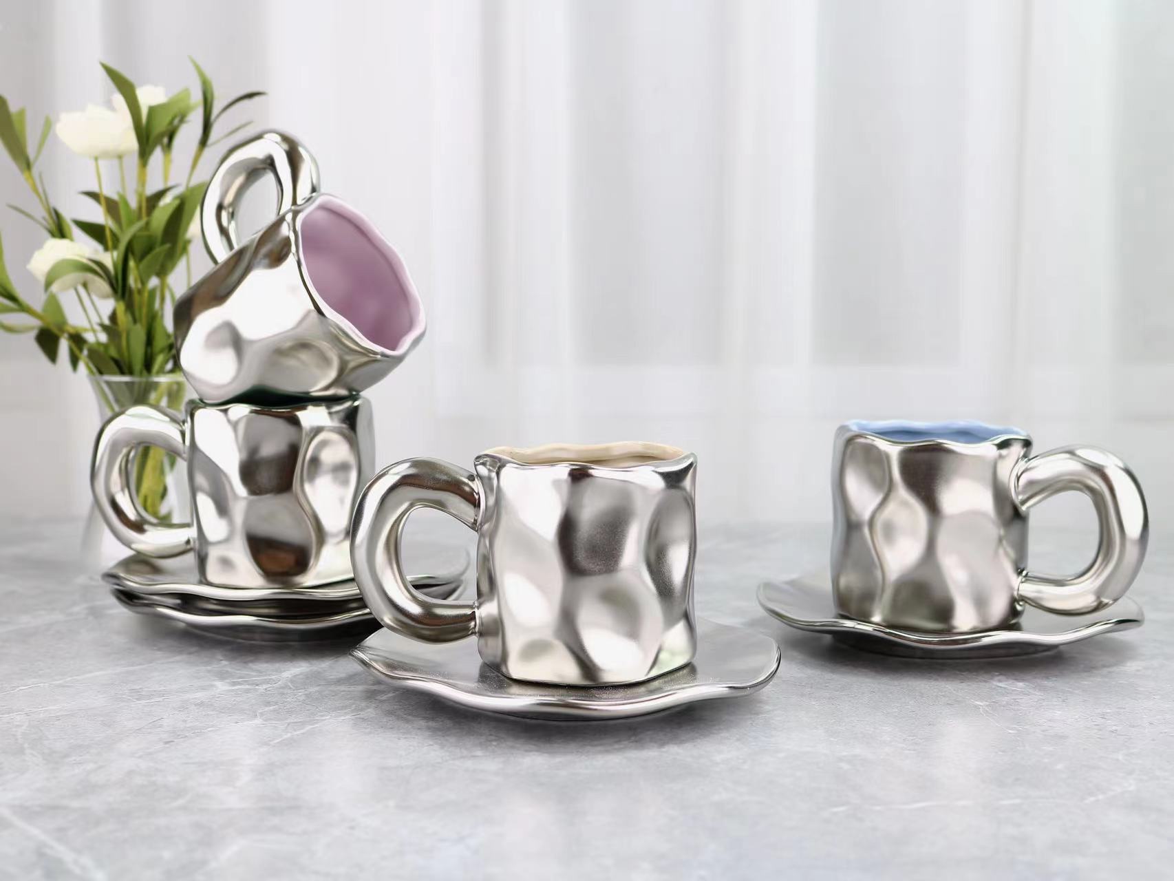 Trendy Home Office Use Coffee Cup Saucer Hot Drink Cup Plated Silver