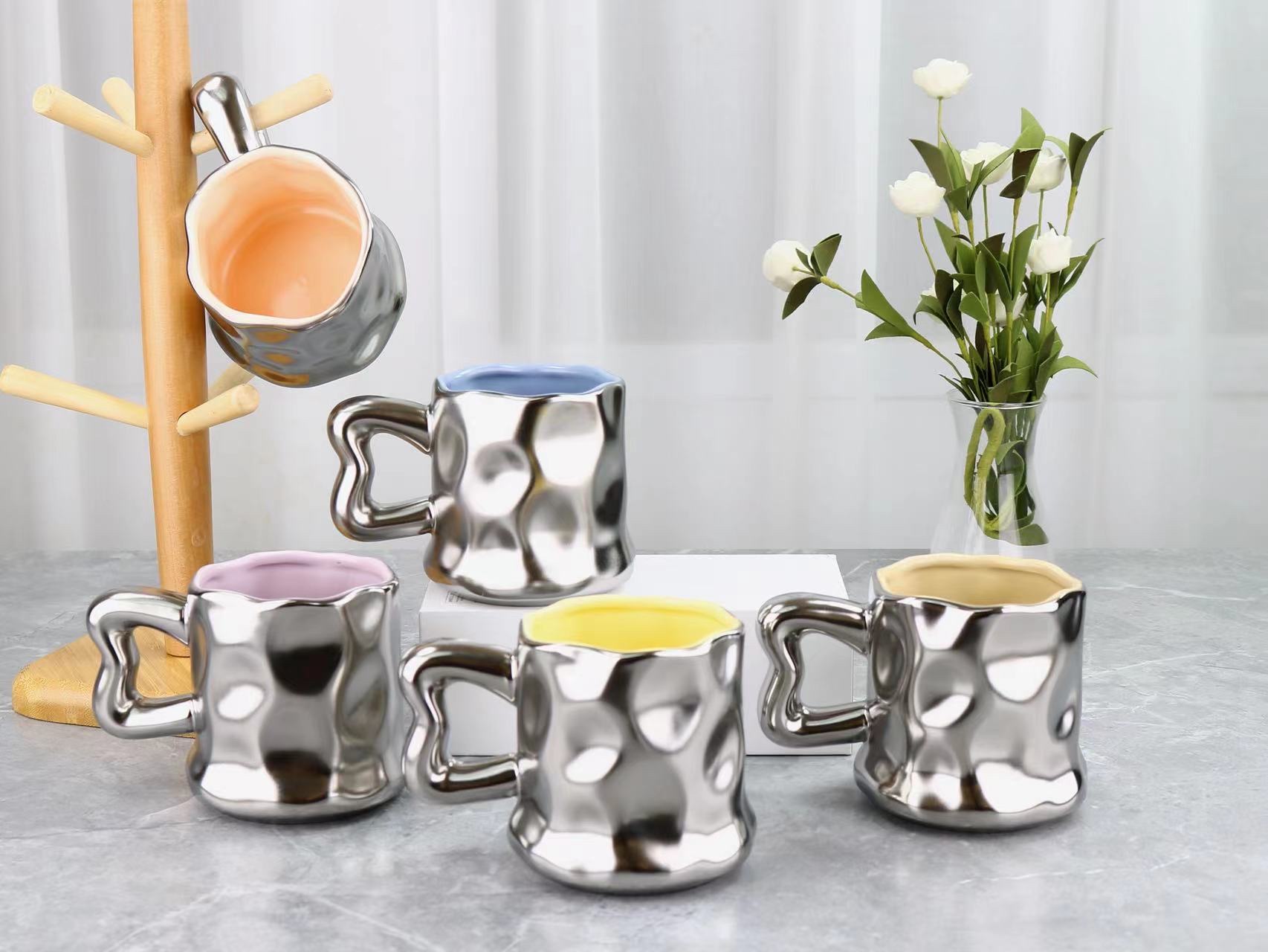 Trendy Home Office Use Coffee Cup Saucer Hot Drink Cup Plated Silver Application Scenario