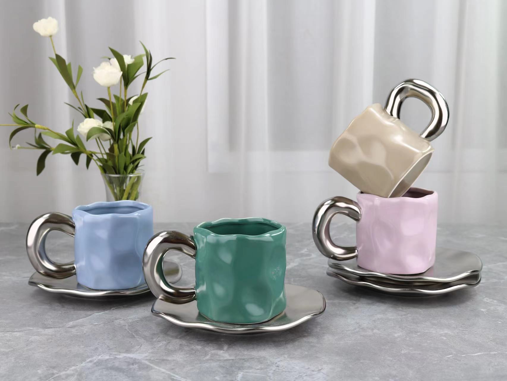 Trendy Home Office Use Coffee Cup Saucer Hot Drink Cup Plated Silver details Picture