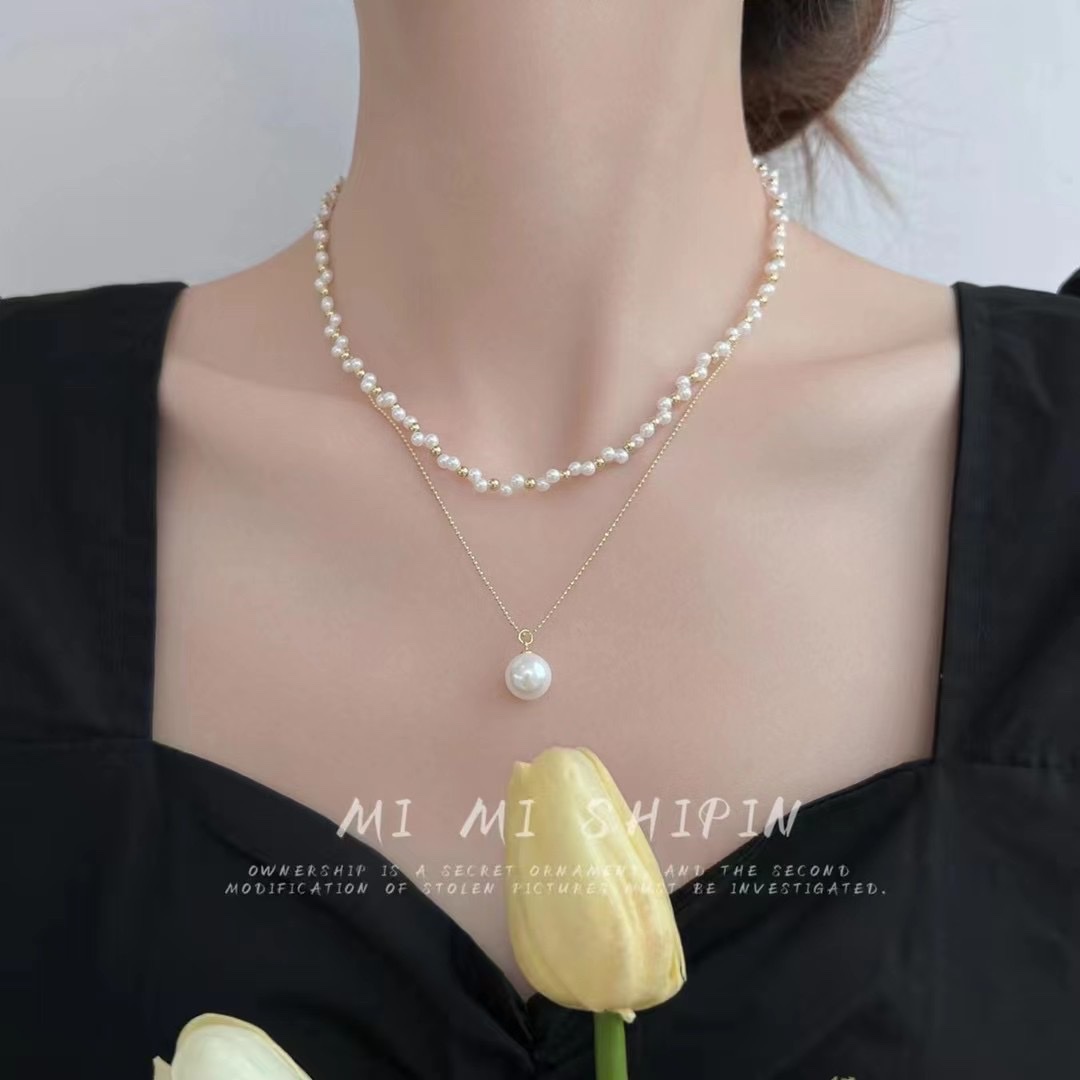 Pearl Necklace Women 2022 New Light Luxury Niche Design Sense Senior Double Layer Wear French Vintage Clavicle Chain Specification drawing