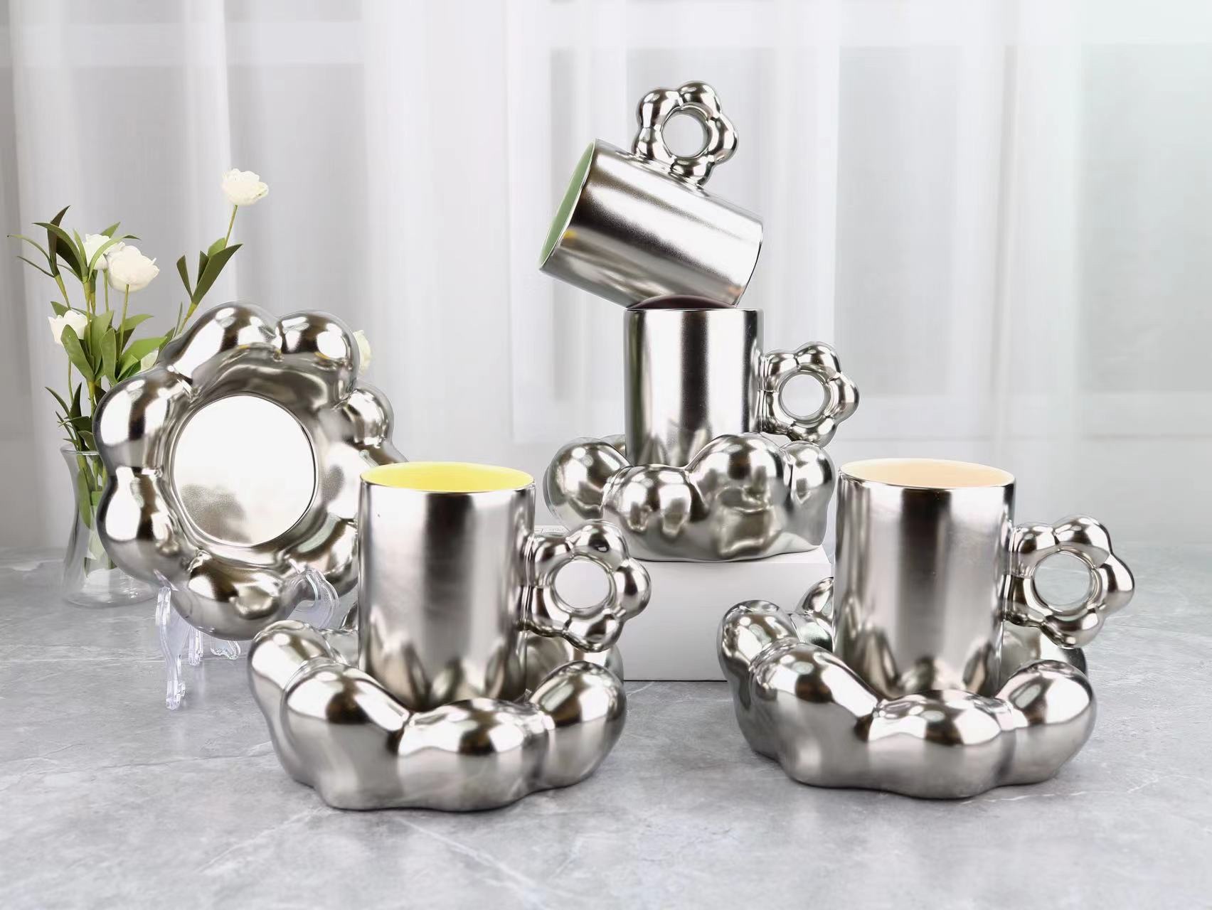 Trendy Home Office Use Coffee Cup Saucer Hot Drink Cup Plated Silver Item Picture
