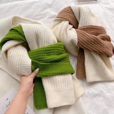 A Small Number Of Korean Mixed Color Knitted Scarf Men And Women With The Same Couple Winter White Green Coffee Fresh Wool Knitted Two-Color Bib Scarf Everything Casual Snow Scarf Trend Two-Color Warm Student Wool Bib Tide Length Thickened