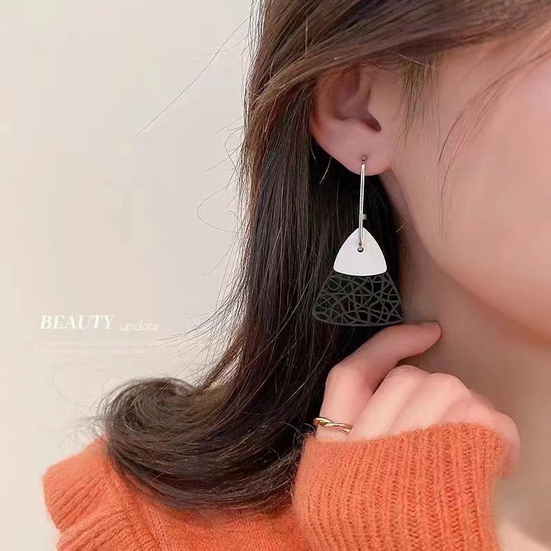 Silver Needle Pattern Geometric Triangle Earrings Korea Personality Exaggerated Studs Fashion Simple Retro Net Red Earrings Female