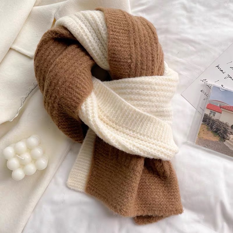A Small Number Of Korean Mixed Color Knitted Scarf Men And Women With The Same Couple Winter White Green Coffee Fresh Wool Knitted Two-Color Bib Scarf Everything Casual Snow Scarf Trend Two-Color Warm Student Wool Bib Tide Length Thickened Specification drawing