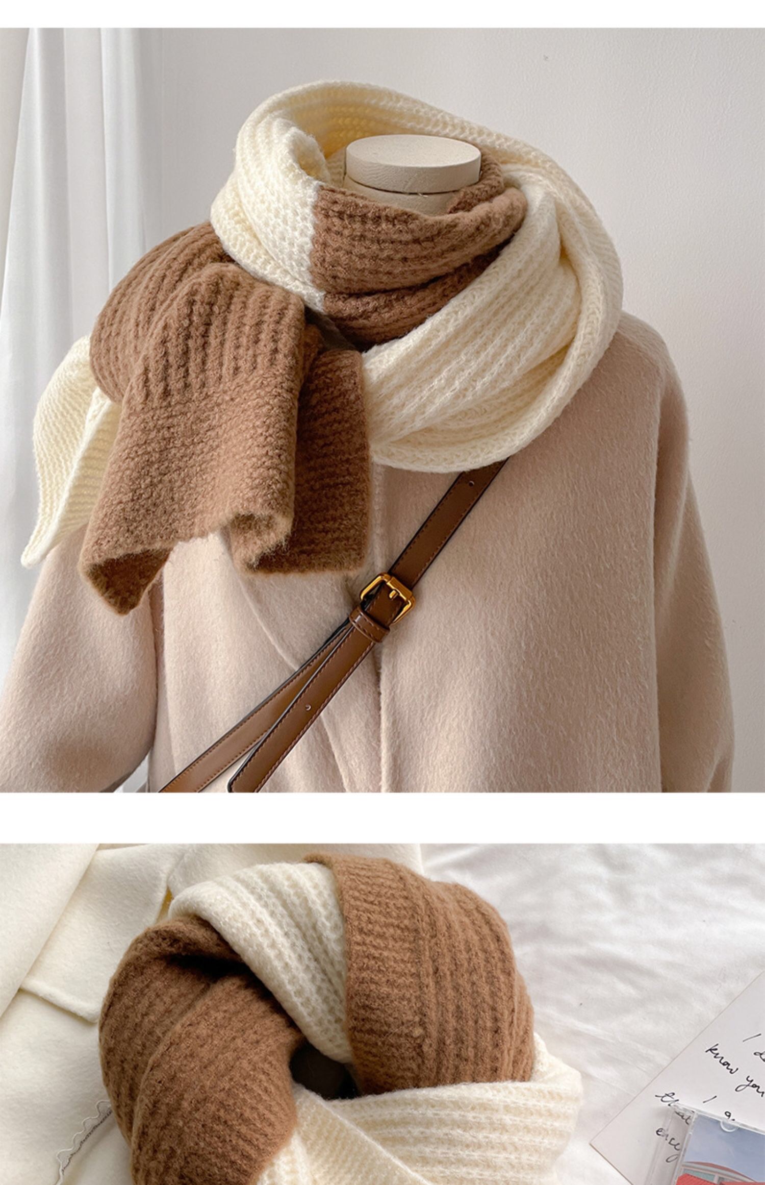 A Small Number Of Korean Mixed Color Knitted Scarf Men And Women With The Same Couple Winter White Green Coffee Fresh Wool Knitted Two-Color Bib Scarf Everything Casual Snow Scarf Trend Two-Color Warm Student Wool Bib Tide Length Thickened Item Picture