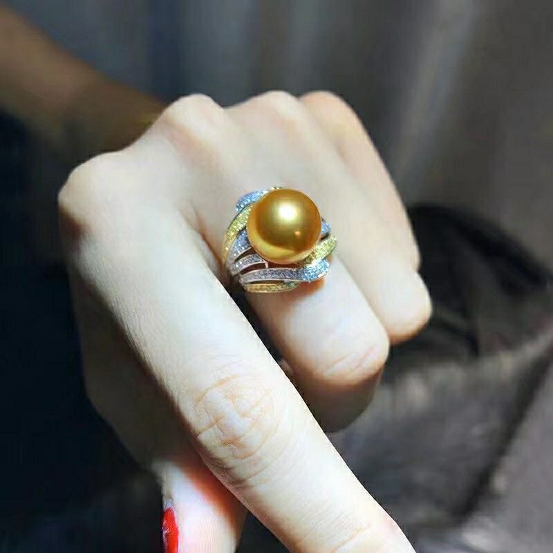 Natural sea pearl ring sterling silver live hand inlaid exactly round bright light with subtle concealer all match temperament thumbnail