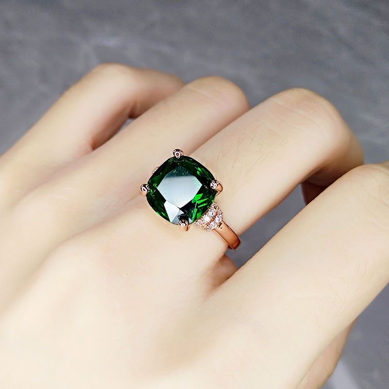 Emerald ring Female crushed diamond Rose gold green tourmaline ring Crystal gemstone ring with fine white diopside thumbnail