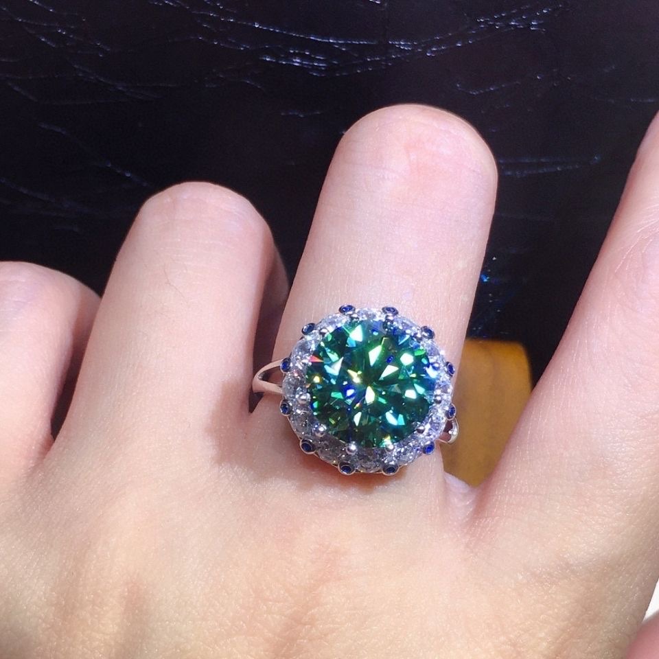 Luxury 3 carat eight heart eight arrows blue green Mosan diamond 925 silver open ring female network red new fashion does not fade thumbnail