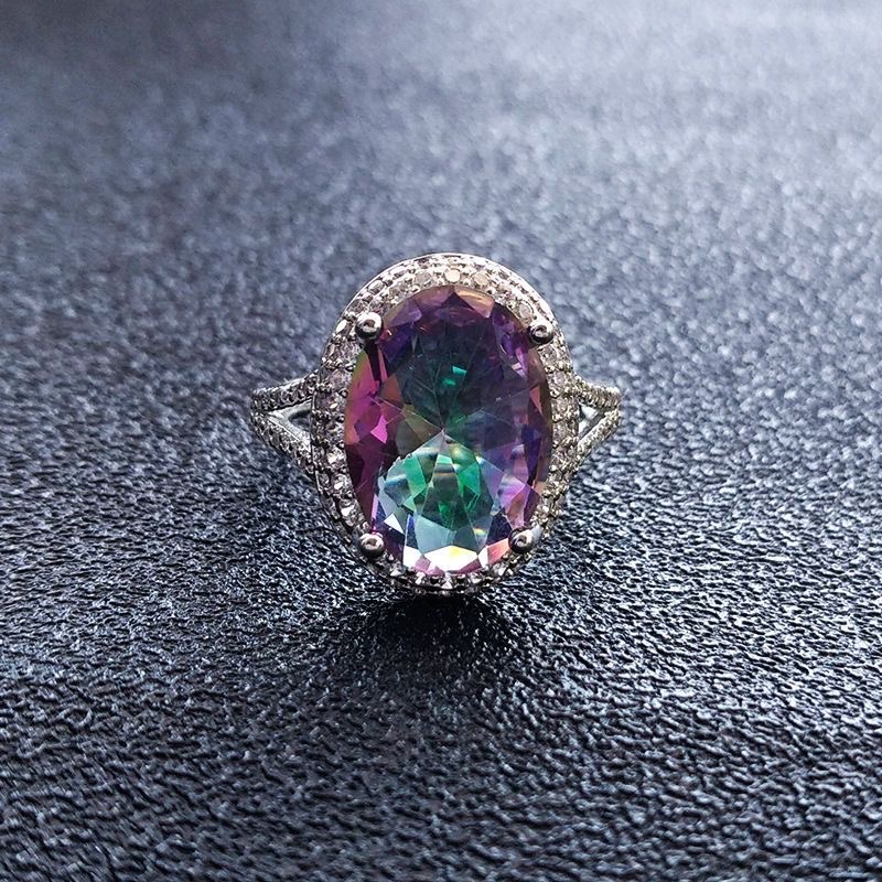 [Ring for women] Luxury senior sense seven color crystal ring for women Oval large gemstone color diamond sterling silver opening ring thumbnail