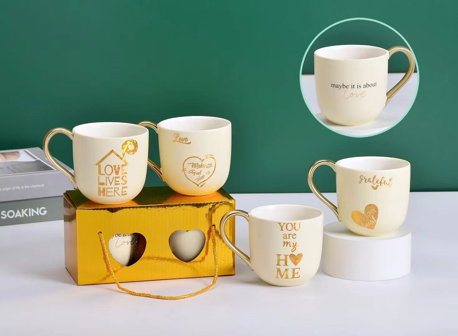 Close-up of colorful marker drawings on reusable mugs