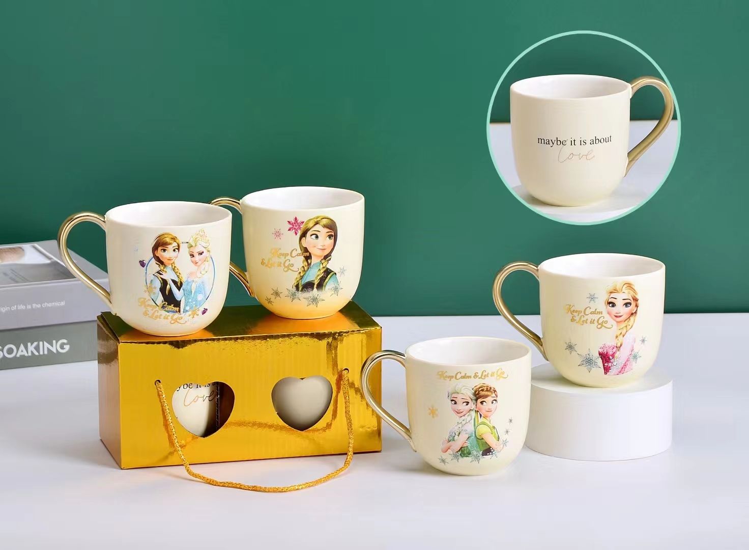 Set of marker pens and mugs arranged creatively