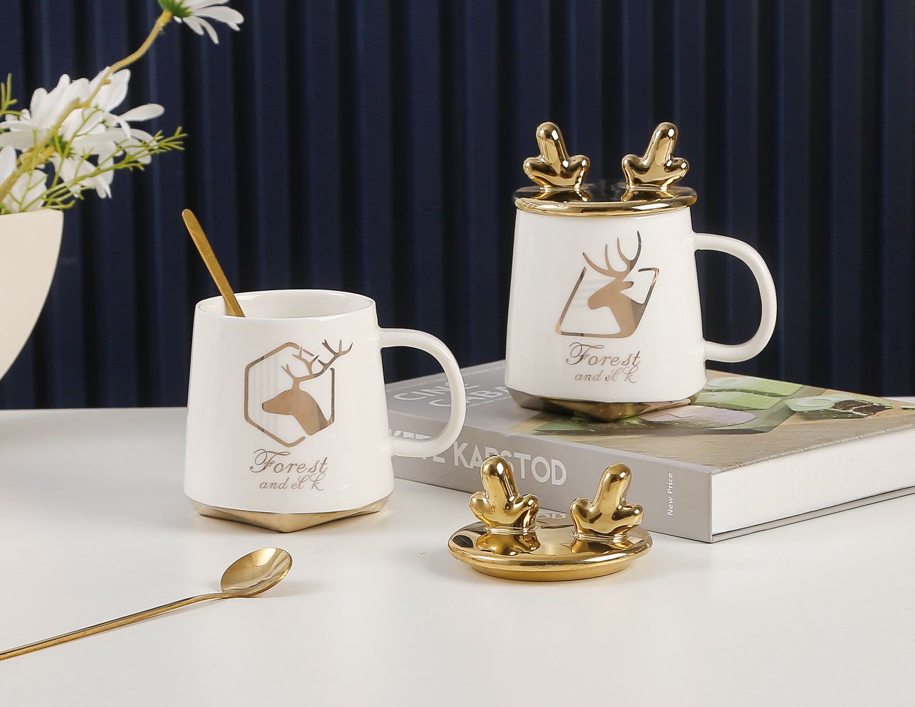 Instagram Nordic Couple Simple Deer Horn Ceramic Mug Mug Large Breakfast Milk Cup Tea Cup