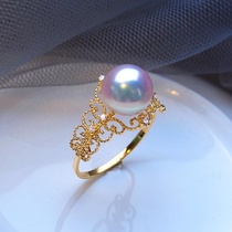 Perfect round Japanese natural akoya pearl ring lace lace pattern hollow-out ring Heavenly girl grade