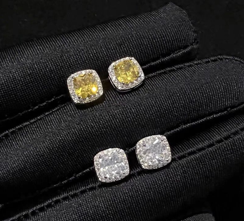 Yellow diamond zircon earrings sterling silver allergy prevention S925 rock sugar niche European and American hip hop trend ins silver needle