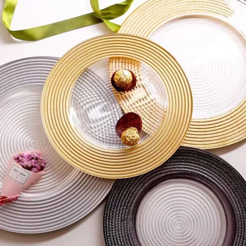 Glass plate gold edge texture European straw hat Western food plate cushion plate home cold steak salad plate dessert plate thumbnail