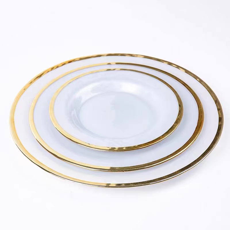 Decorative plate model between soft decoration design restaurant simple gilt-edged white glass plate thumbnail