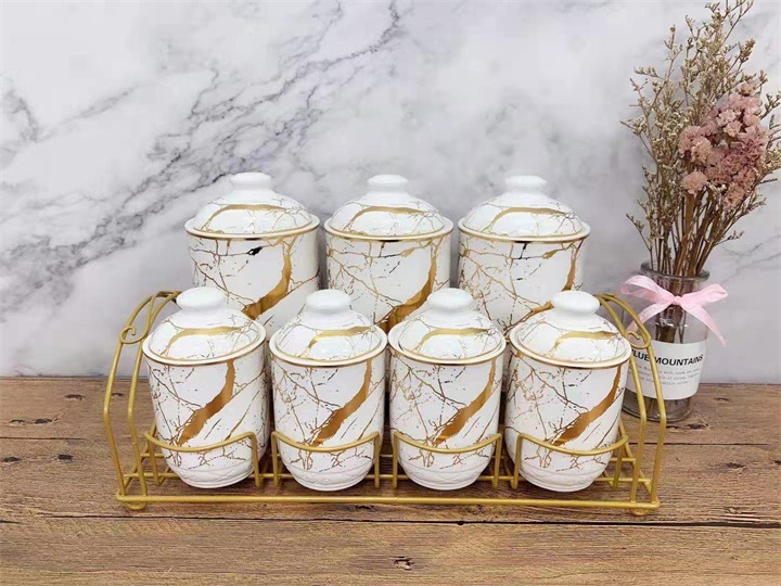 Ceramic Storage Jar Sealed Jar Ceramic Cup 6 Cups 6 Saucers Coffee Set With Rack Coffee Cup Saucer Set